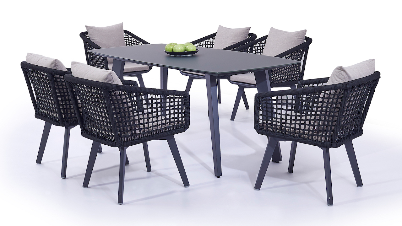 Alu Essgruppe Centauri 6 - schwarz - Gartenlounge Rope Essgruppe in Schwarz Alu Essgruppe Centauri 6 - schwarz - Gartenlounge Rope Essgruppe in Schwarz